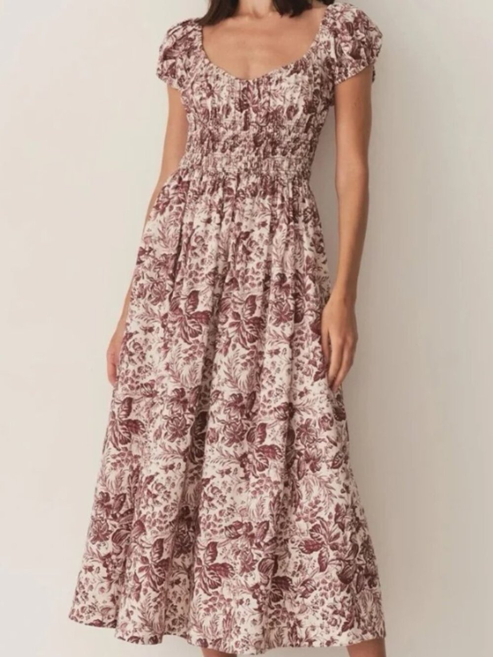 Doen Cream Midi Dress with Burgundy Floral Print
